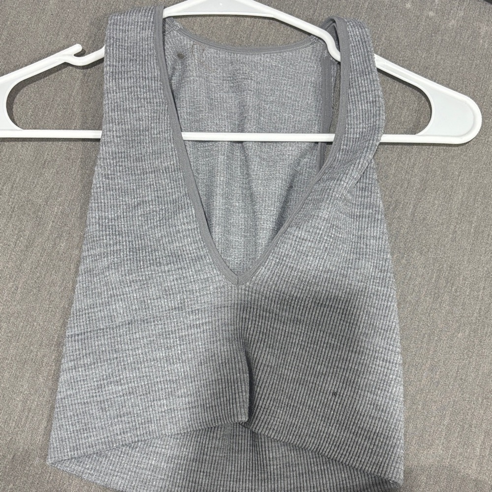 Gray Ribbed V-Neck Women's Top